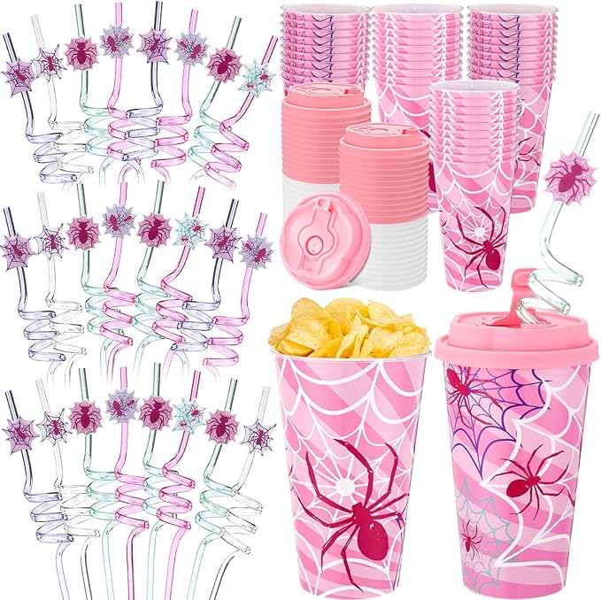Yungyan 36 Sets Pink Spider Party Favors Goodie Cups with Lids and Straws for Halloween Party Decorations Reusable 16oz Plastic Candy Cups Plastic Straws for Birthday Gift (Pink Spider)