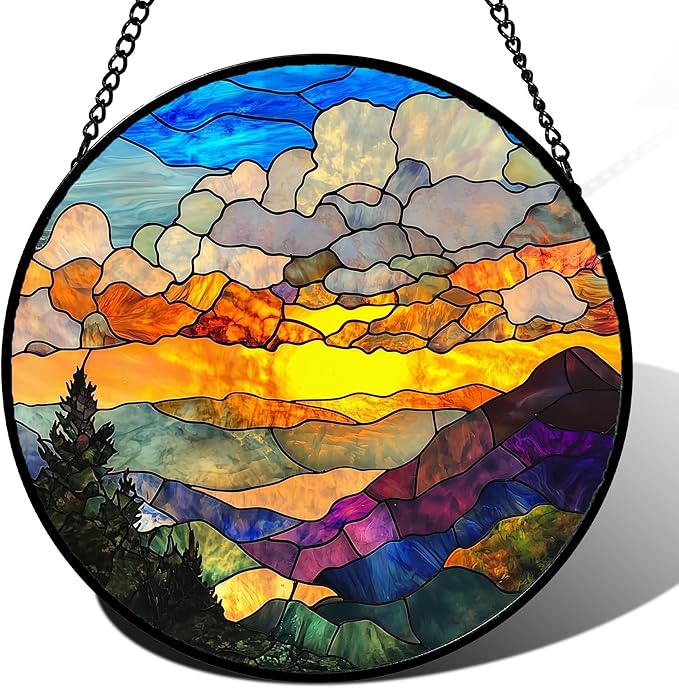 Stained Glass Window Hanging, Abstract Clouds Mountains Landscape Suncatcher for Doors Window Home Sun Catchers Decor Mother's Day Birthday Gifts for Women, Men Mom 15 in