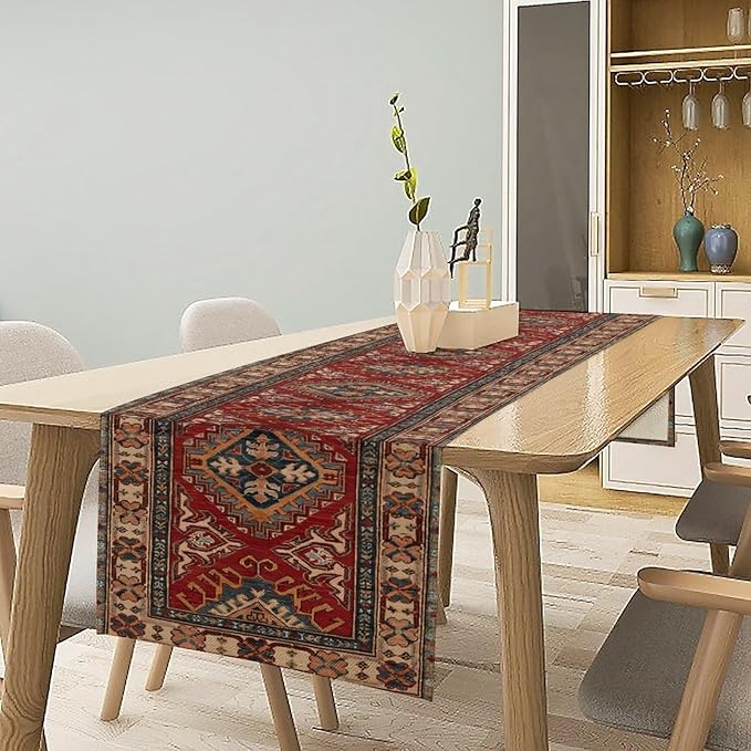 Boho Floral Vintage Table Runner, Red Grey Retro Flower Rustic Country Farmhouse Abstract Pattern for Home Kitchen Table Decor Dining Coffee Room Party Decor 13x90in