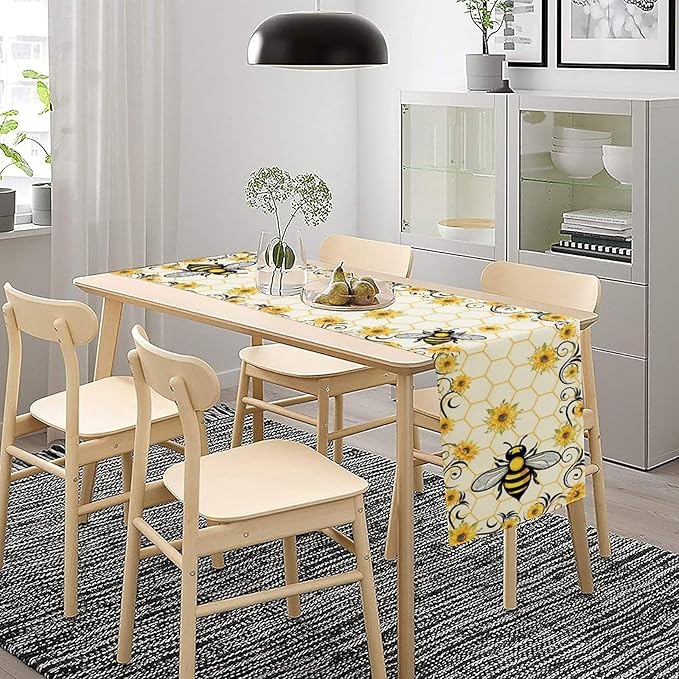 Bee Sunflower Table Runner, Farmhouse Orange Honeycomb Vintage Spring Summer Flowers Print Table Cover for Party Wedding Home Kitchen Dining Table Decor, 13x70inch