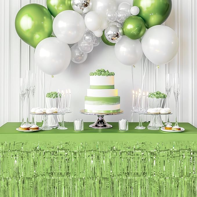 1 Pack Light Green Table Skirts, 29x108" Metallic Foil Tinsel Fringe Table Skirts for Rectangle Tables Streamer Curtains Backdrop, Party Decorations for Birthdays Weddings Holidays