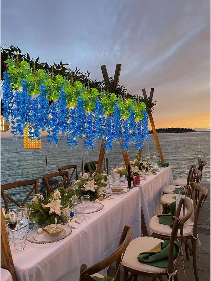 12 Pack Royal Blue Wisteria Hanging Flowers Garland with Lights, 3.44 Feet Artificial Flower Vines, Fake Wisteria, Artificial Vines Hanging Garland for Backdrop Outdoor Patio Garden Decor