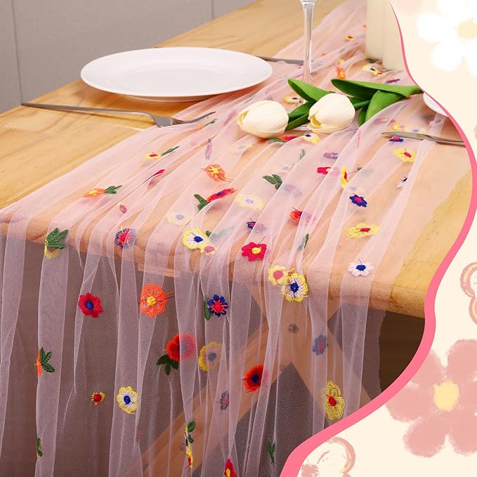 BINBE 12pcs Daisy Fall Table Runner Embroidery Gauze 10FT Florals Seasonal Tulle Holiday Birthday Kitchen Dining Table Decor for Home Party Pink