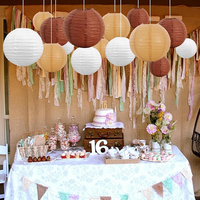 Paper Lanterns in Brown, Earthy Yellow and White, Round Foldable Party Decor