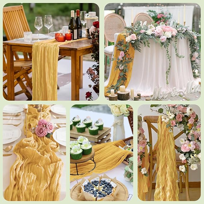 Asee'm 12pcs Cheesecloth Table Runner 120 Inches Long Gold Boho Gauze Cheese Cloth Runner 10FT Rustic Sheer Table Runners for Christmas Wedding Party Baby Shower Spring Easter Decoration