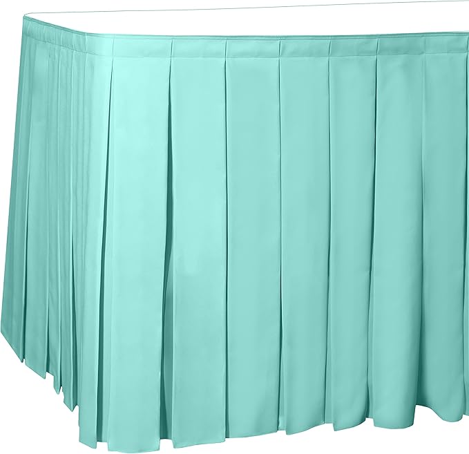 Ultimate Textile Pleat Polyester Fabric Table Skirt - Machine Washable Flame Resistant with Clips for Events, Weddings & Trade Shows, Cut & Sewn in Paterson, NJ - Aqua, 14' Box Pleat