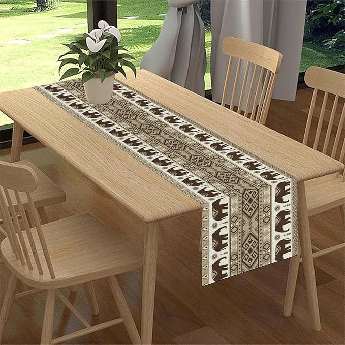 Ethnic Table Runner, Rustic Farmhouse Boho Indian Bohemian Elephant Aztec Tribal Print Beige Table Center Decor for Home Kitchen Dining Patio Holiday Party Indoor Table Decorations, 13"x36" Inch