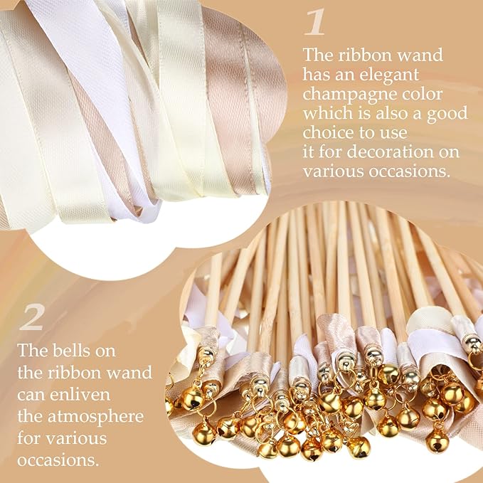 Boao 40 Pieces Mixed Color Ribbon Sticks with Bell, Ribbon Sticks for Stick Party, Streamers for Wedding Birthday Party Celebration Baby Shower Favors(White, Beige, Champagne)
