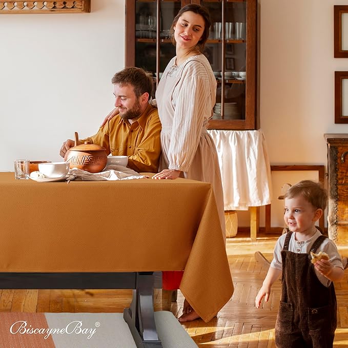 Biscaynebay Fall Tablecloth Textured Fabric 60x84 Inch Rectangular, Bronze Thanksgiving Autumn Harvest Water Resistant Fabric Tablecloths for Kitchen, Dining, Wedding, Parties Machine Washable