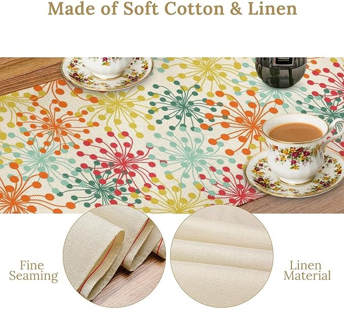 Mid Century Flower Table Runner, Colorful Geometric Abstract Chrysanthemum Vintage Farmhouse Decorations Orange Yellow Gray Table Runner for Kitchen Dining Holiday Party Decor, 13x70 Inch