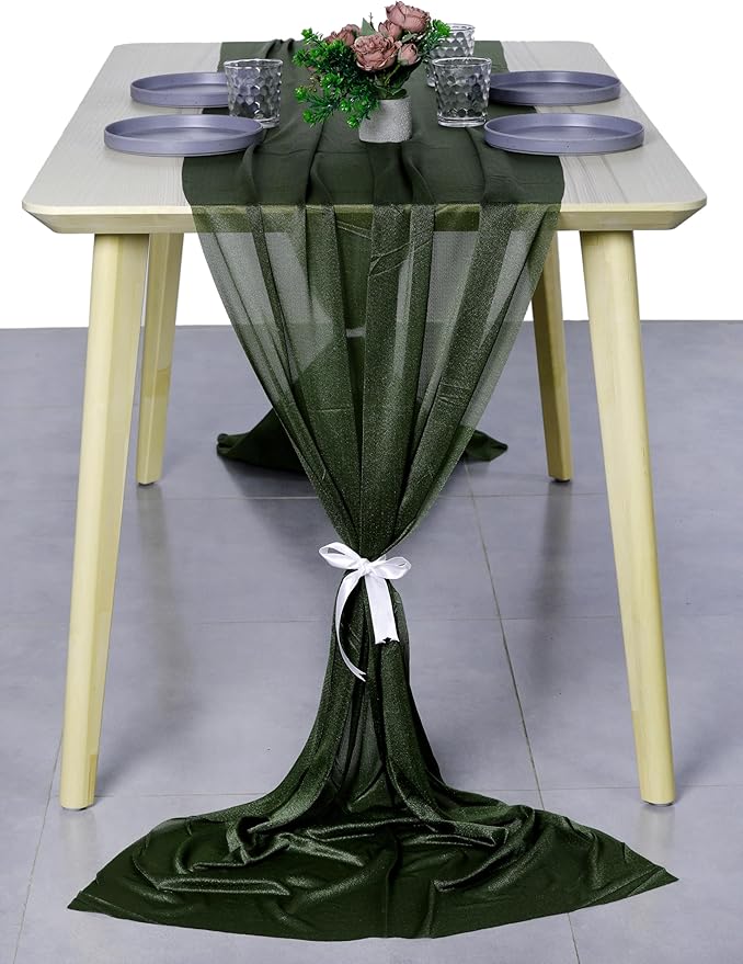 MDS 20 Pack 10ft Chiffon Table Runner 29 x 120 Inches Sheer Wedding Runner Romantic Rustic Table Runner for Wedding Decorations, Birthday Parties, Bridal Shower Party Arch Decor - Olive Green