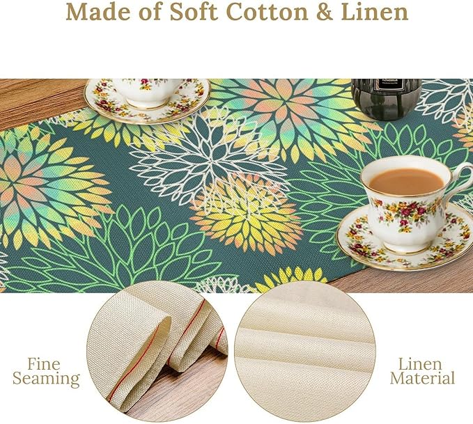Green Dahlia Flower Table Runner, Linen Geometric Pattern Floral Table Decor Spring Farmhouse Decorations for Kitchen Dining Holiday Party Decor, 13x36 Inch