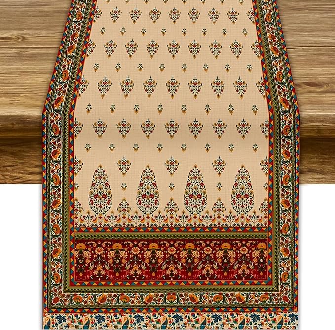 Boho Paisley Table Runner, Vintage Western Brown Dark Red Beige Flowers Leaves Print Table Runner for Kitchen Dining Table Wedding Holiday Party Decor, 13x70inch