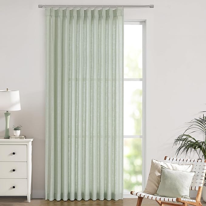 Vision Home Light Green Pinch Pleated Semi Sheer Curtains Textured Linen Blended Light Filtering Window Curtains 112 inch for Living Room Bedroom Patio Pinch Pleat Drapes with Hooks 1 Panel 60"Wx112"L