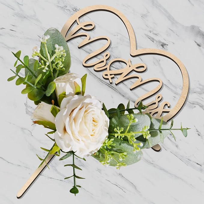 Non-Edible Wood Heart Cake Topper with 3D Flowers, 6.5 x 8.4 Inches