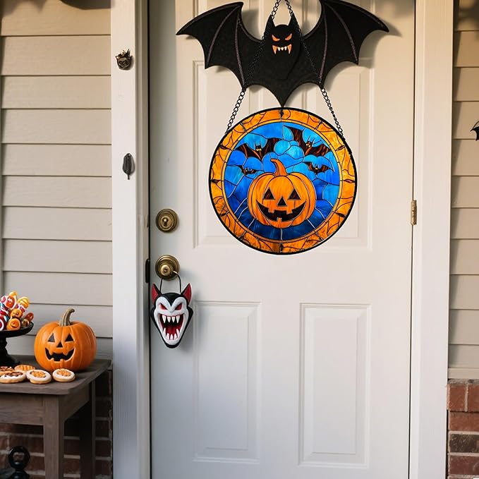 Stained Glass Window Hanging - Halloween Evil Pumpkin Suncatcher for Doors Window Garden Indoor Spooky Brown Bat Sun Catchers Gothic Decor Horror Gifts for Women Men Friend Boy Girl 11.8 in