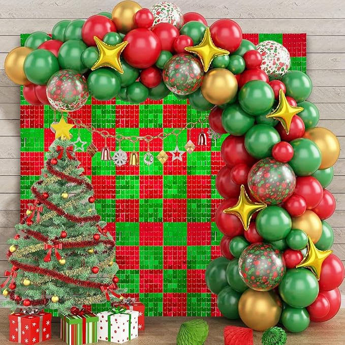 12PCS Red Green Shimmer Wall Backdrop, Laser Square Sequin Photo Backdrops Panel, Glitter Wall Background for Birthdays, Weddings, Christmas, Engagements, Disco Bachelorette Party Decor (3FTx4FT)