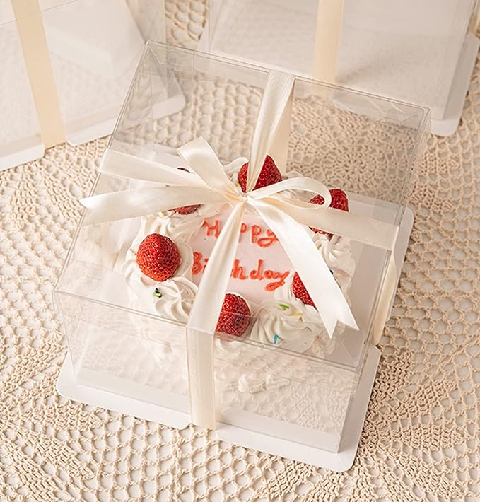 Bakery Cake Boxes, Clear 12x12x7 Inch, 6 Pack with White Ribbon
