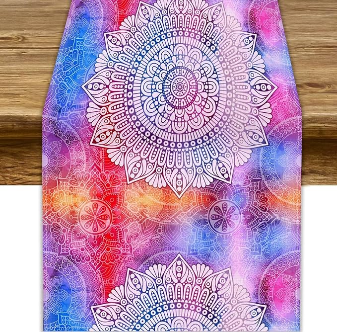 Vintage Mandala Table Runner, Bohemian Indian Purple Starry Colorful Floral Print Table Runner for Home Kitchen Dining Table Party Decor, 13x70inch