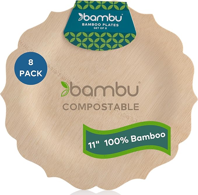 Disposable Bamboo Plates, 11 Inch Scalloped, Pack of 8