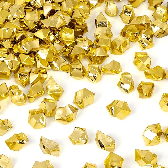 DomeStar 150PCS Fake Gold Ice, Acrylic Ice Fake Plastic Gold Nuggets Rocks Gems Marble Vases Fillers for Table Scatter Birthday Wedding Party Decoration