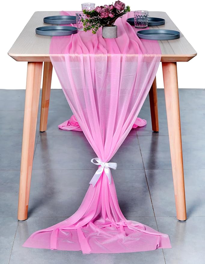 MDS 2 Pack 14ft Chiffon Table Runner 29 x 170 Inches Sheer Wedding Runner Romantic Rustic Table Runner for Wedding Decorations, Birthday Parties, Bridal Shower Party Arch Decor - Bubblegum Pink