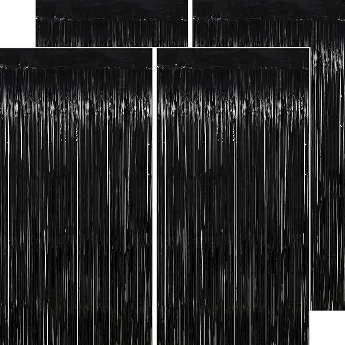 Streamers Black Metallic Glitter Tinsel Backdrop 4-Pack 3.2 x 8.2 FT