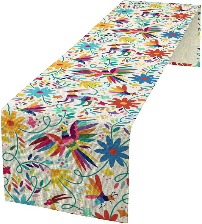 Mexican Table Runner,Boho Colorful Nature Inspired Flowers and Birds Table Cloth Kitchen Dining Table Home Party Decoration 13x72 Inch