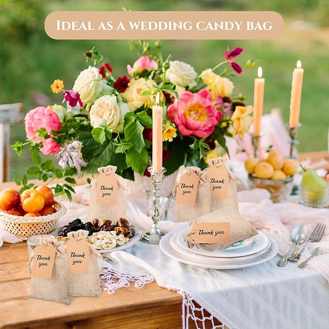 Gift Bags Burlap Drawstring Favor Bags with Kraft Paper Tags, 100 Count