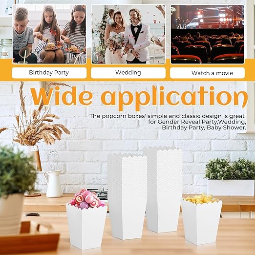 36 Pack Mini Popcorn Boxes for Party, Small Popcorn Cups Disposable for Movie Night, Carnival, Theater - Bulk White Popcorn Containers, 3 x 4.2 x 2.2 Inch