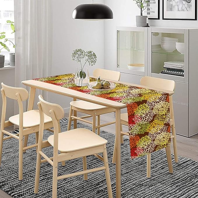 Brown Dahlia Floral Table Runner, Seasonal Autumn Thanksgiving Pattern Print for Home Kitchen Table Decor Dining Coffee Room Party Decor 13x36 Inch