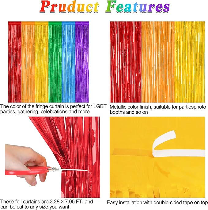 2 Pack Rainbow Backdrop Curtains, 3.28 FT x 7.05 FT Colofull Party Decorations, Metallic Tinsel Backdrop Fringe Curtains Party Streamer, Rainbow Party Supplies for Wedding Birthday Party Engagement