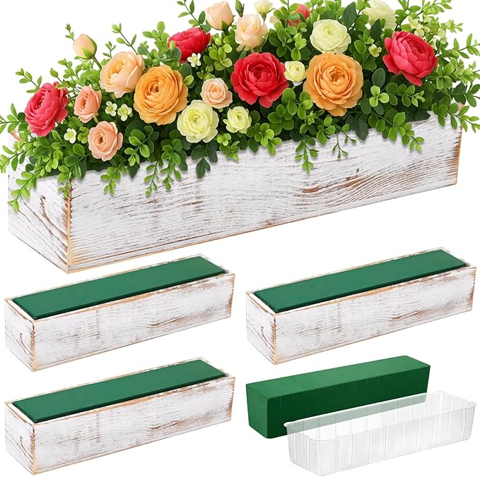 Planter Box Set of 4 Rustic Wood, 16 Inch White with Liners and Foam