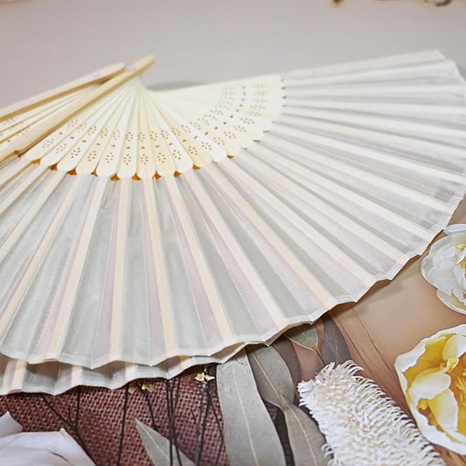 60 Set Personalized Cream Wedding Fans for Guests Bulk, Custom Engraved Summer Wedding Fans, Silk Hand Fans Handheld Folded Fan Baby Shower Favors for Bridal Bridesmaid Gift Church Dancing Party