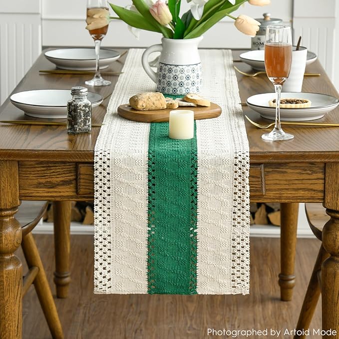 Artoid Mode Dark Green Farmhouse Rustic Table Runner, Seasonal Holiday Hollow Kitchen Dining Table Decoration for Home Party Decor 12x108 Inch