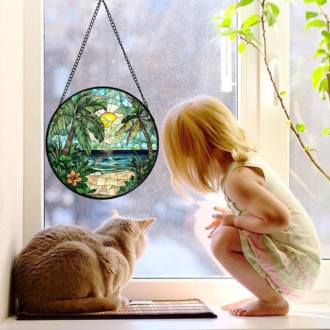 Stained Glass Window Hanging, Green Beach Scenery Suncatcher Diamond Glass Panel Hangings Sun Catchers Decor for Birthday for Women, Men, Wife, Aunt, and Mom 7.8 in