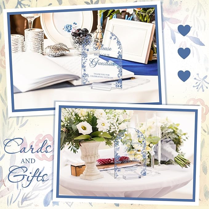 4 Pcs Flower Acrylic Wedding Signs for Ceremony and Reception Guest Book Wedding Cards and Gifts Sign Please Take One Couple Loving Memory table Decor(Blue Flower)