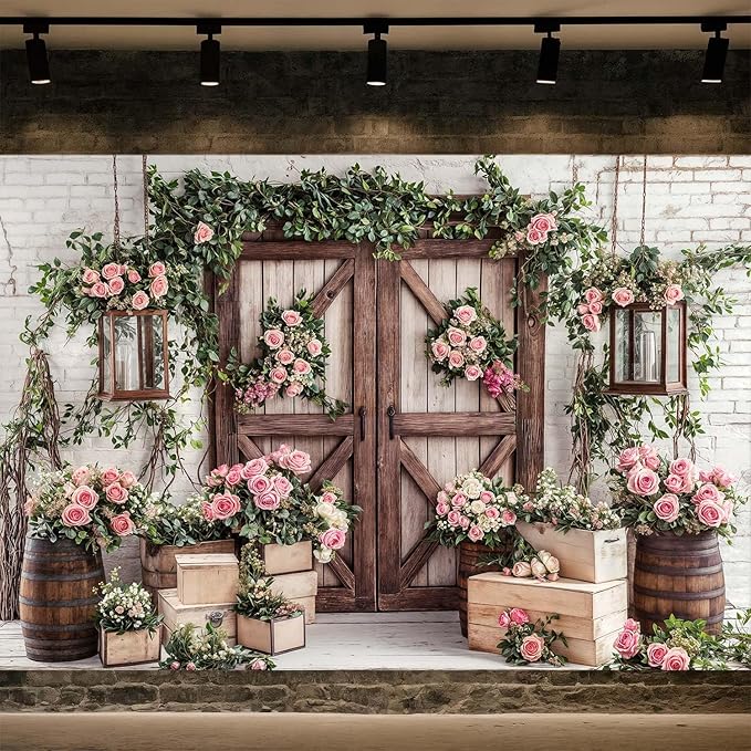 10x8ft Country Wedding Photography Backdrop Floral Rustic Roses Farmhouse Wooden Door Backdrop Pink Flower Birthday Baby Shower Wedding Bridal Party Banner Photo Booth Props Anniversary Background