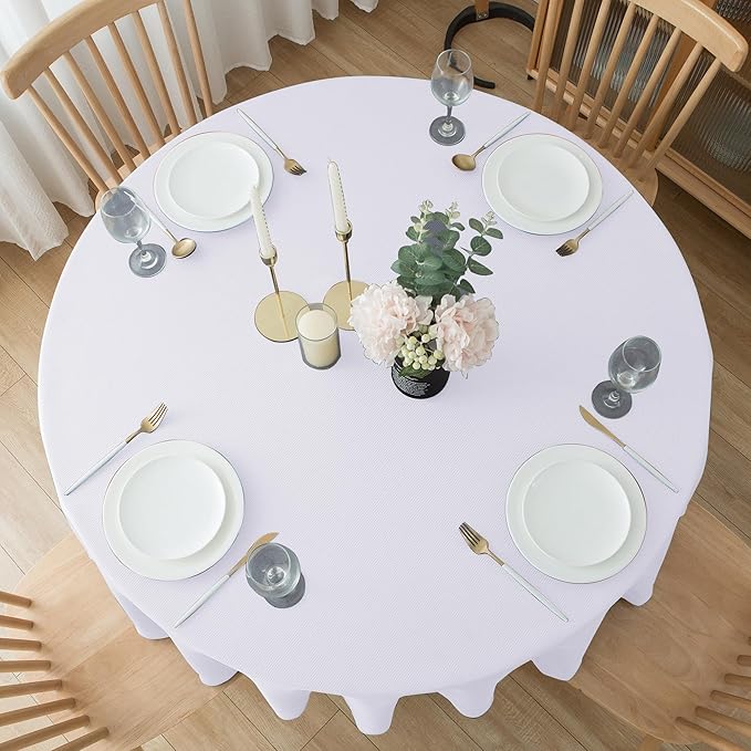 Biscaynebay Textured Fabric Round Tablecloths 60 Inches for Tables diameters from 28" to 48", White Table Cloth Water Resistant Small Circle Folding Table Covers for Dining Kitchen Wedding Parties