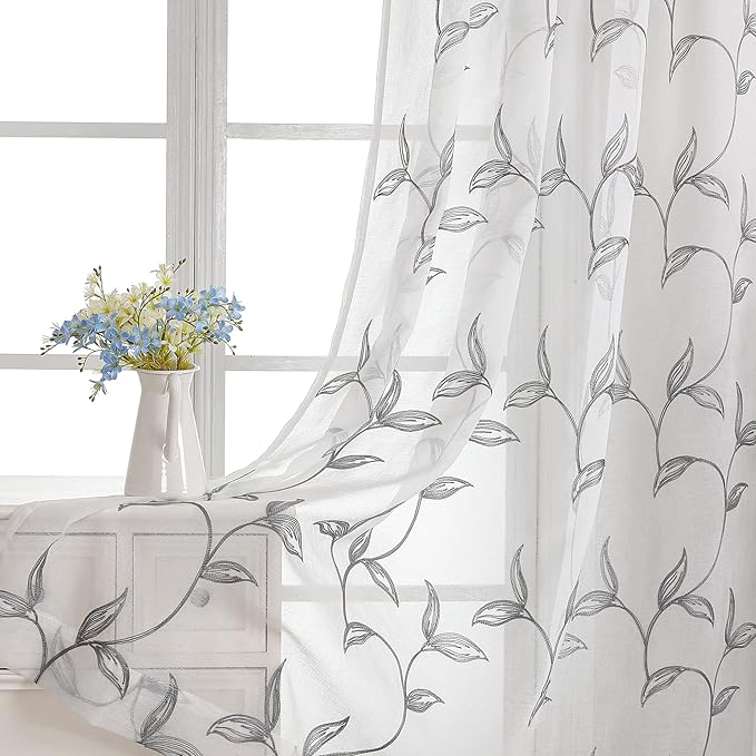 VISIONTEX Sheer Curtains 84 Inch Length 2 Panels, Decor Iron Grey Vine Leaves Embroidery on White Voile Pair, Accent Semi Window Drapes for Kitchen, Living Room and Bedroom, 54" W x 84" L