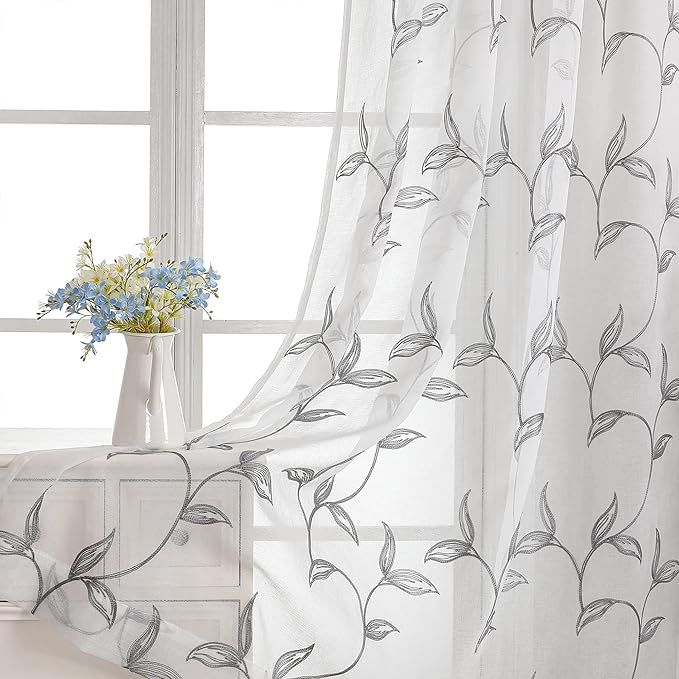 VISIONTEX Sheer Curtains 108 Inch Length 2 Panels, Decor Iron Grey Vine Leaves Embroidery on White Voile Pair, Accent Semi Window Drapes for Kitchen, Living Room and Bedroom, 54" W x 108" L