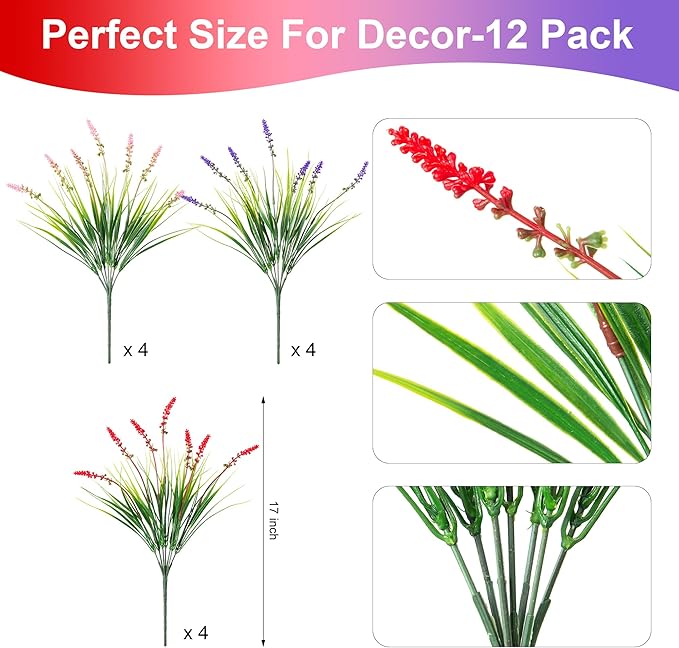 Artificial Monkey Grass Greenery, 12 Bundles, Red, Purple and Pink