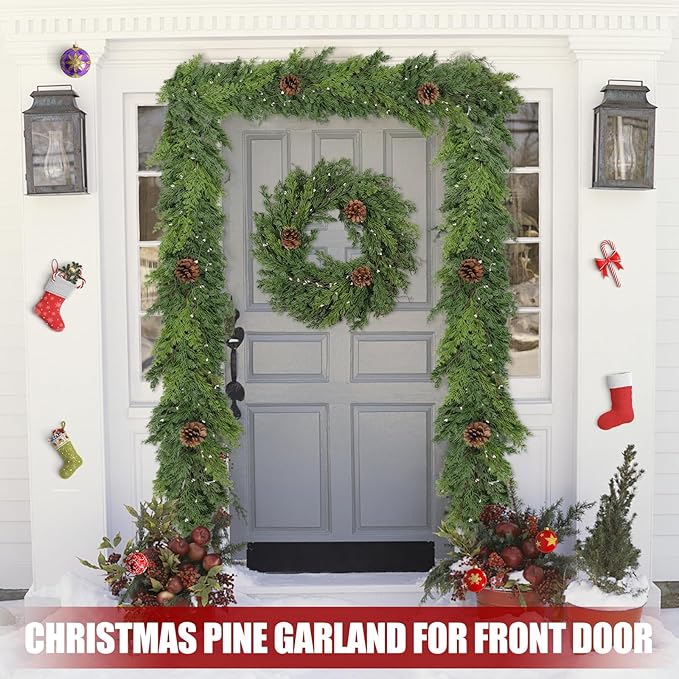 Christmas Garland 6 Ft Dark Green Cypress with Pinecones and White Beads