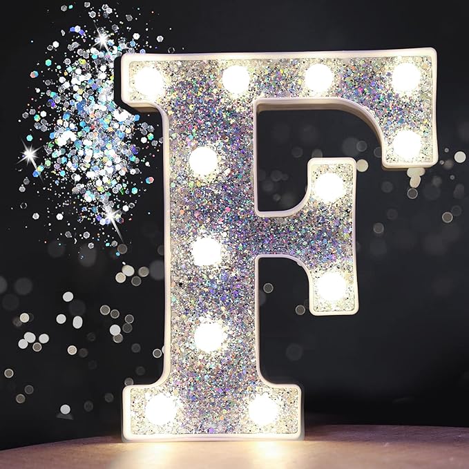 Pooqla Light Up Letters, LED Marquee Letters for Silver Birthday Decorations, Battery Powered Night Light Teenager Girl Room Decor, Gift for Girls Boys Wedding Bedroom Christmas Party Decor, Letter F