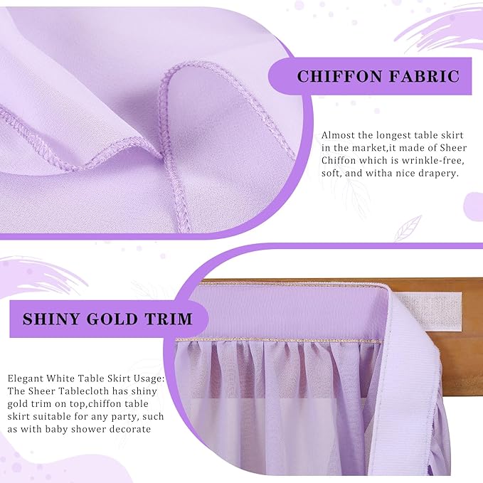 QueenDream 14ft Lavender Chiffon Table Skirt Purple Sheer Tablecloth for Rectangle Tables for Baby Shower Birthday Party Decorations