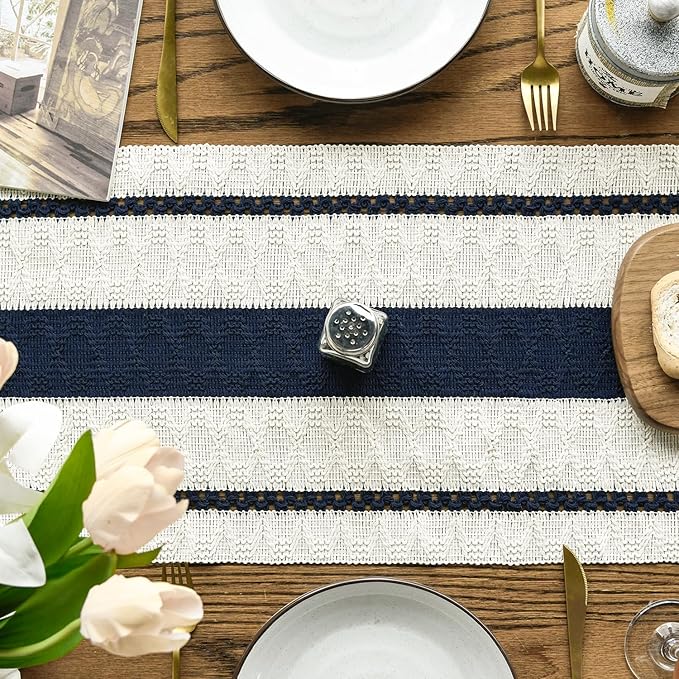 Artoid Mode Dark Blue Farmhouse Woven Rustic Table Runner, Seasonal Holiday Hollow Kitchen Dining Table Decoration for Home Party Decor 12x72 Inch