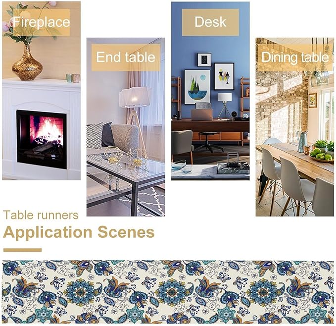 Oriental Paisley Table Runner, Luxury Vintage Blue Teal Floral Butterflies Print Table Runner for Home Dining Kitchen Coffee Table Party Decor, 13x36inch