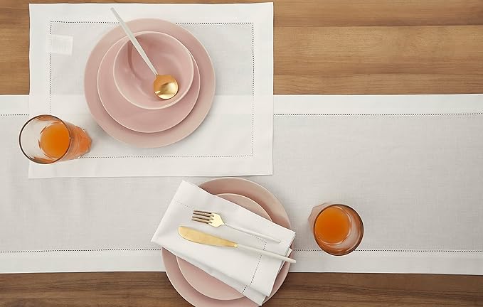 Solino Home White Table Runner 60 Inches - Cotton Linen Hemstitch Coffee Table Runner 14 x 60 Inch Ideal for Dresser Tables - Fall, Autumn, Halloween, Thanksgiving, Christmas, Holiday