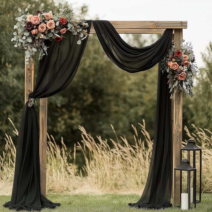 Wedding Arch Draping Fabric 4 Panels 28.7" x 20FT Black Sheer Chiffon Backdrop Drapes for Wedding Ceremony Birthday Party Bridal Shower Outdoor Decoration