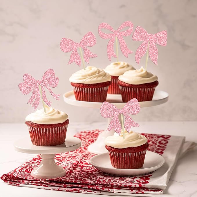 Gyufise 36Pcs Bow Cupcake Toppers Glitter Girls Birthday Decorations Bowknot Cupcake Picks Bow Tie Birthday Decorations Bow Cake Toppers for Bridal Baby Shower Bachelorette Party Supplies Pink